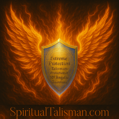 Extreme protection talisman banner with cosmic background and glowing shield, advertising 101 angelic guardians for black magic and djinn protection.